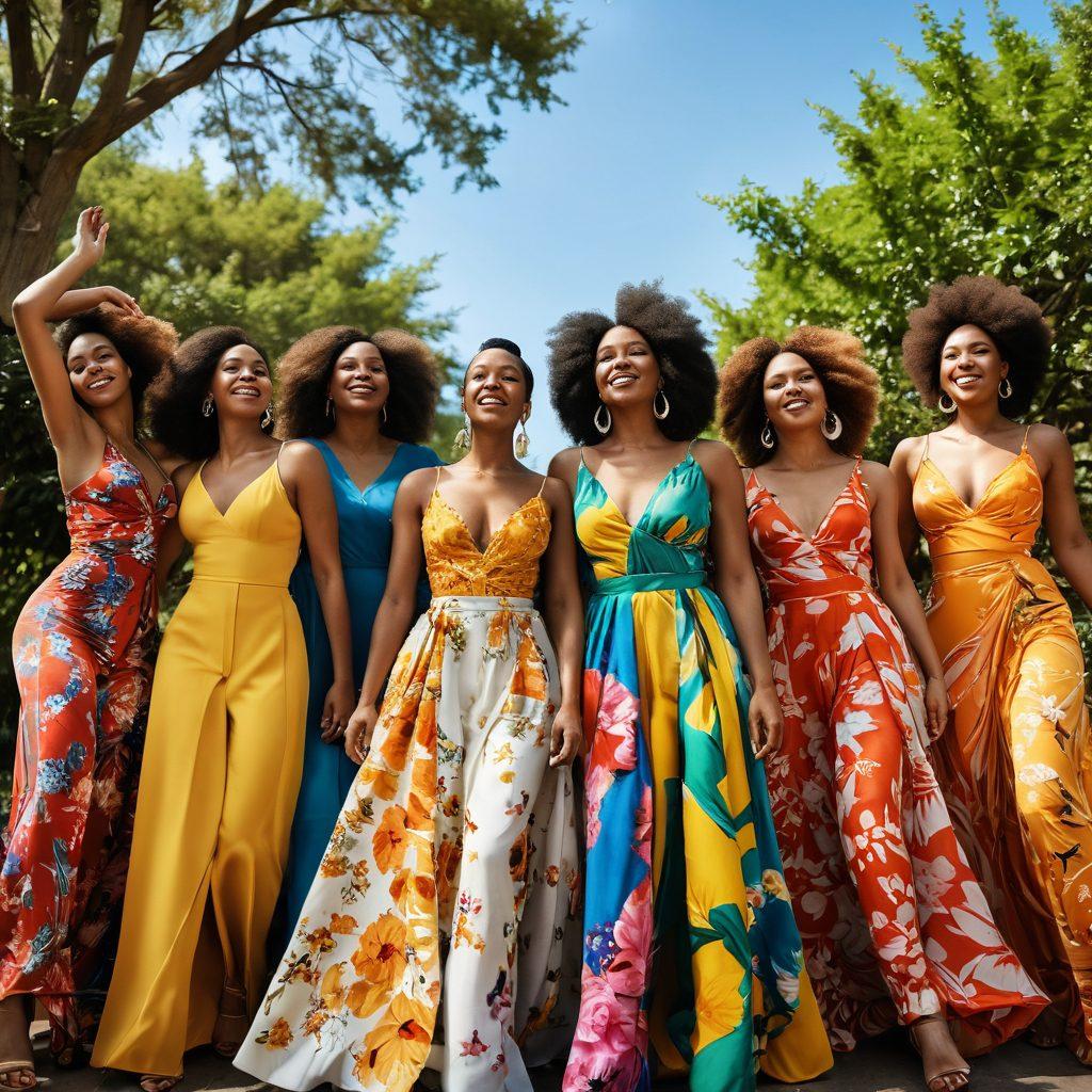 A powerful portrayal of women from diverse backgrounds celebrating their individuality through art and fashion. The scene features women of varying body types and ethnicities, adorned in colorful, flowing garments, expressing joy and confidence in a sunlit outdoor setting. Surrounding them are elements of nature like blooming flowers and butterflies to symbolize transformation and growth. The atmosphere radiates empowerment and self-love. painterly style. vibrant colors. airy background.