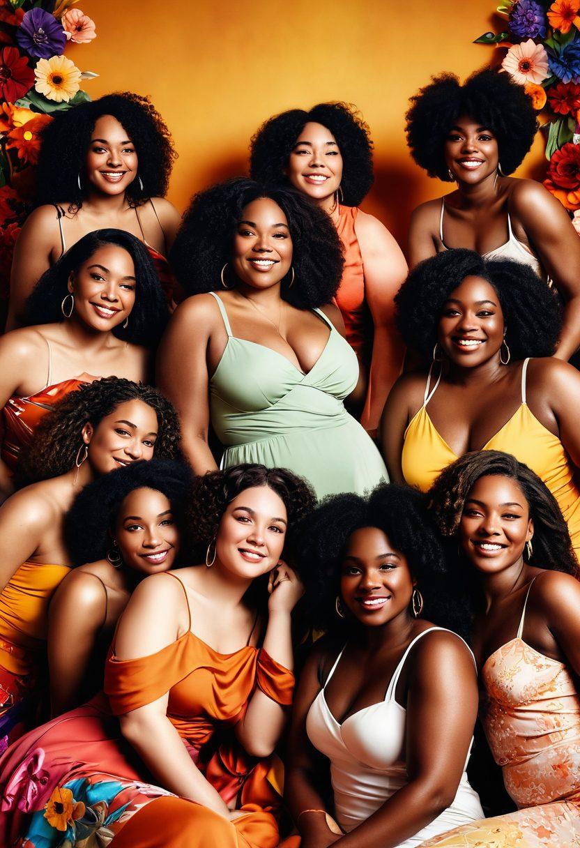 A diverse group of empowered women celebrating their unique beauty, showcasing various body types and styles in an artistic setting. Surround them with vibrant flowers and soft, flowing fabrics that symbolize intimacy and self-love. Include abstract art pieces in the background that reflect themes of body positivity and empowerment. The lighting should be warm and inviting, creating a sense of joy and acceptance. super-realistic. vibrant colors. 3D.
